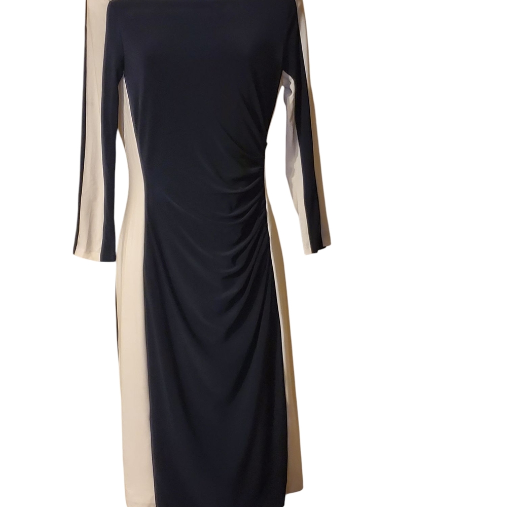 Lauren Ralph Lauren Navy White Dress Sz 4 Ruched Classic Flattering Knee Length